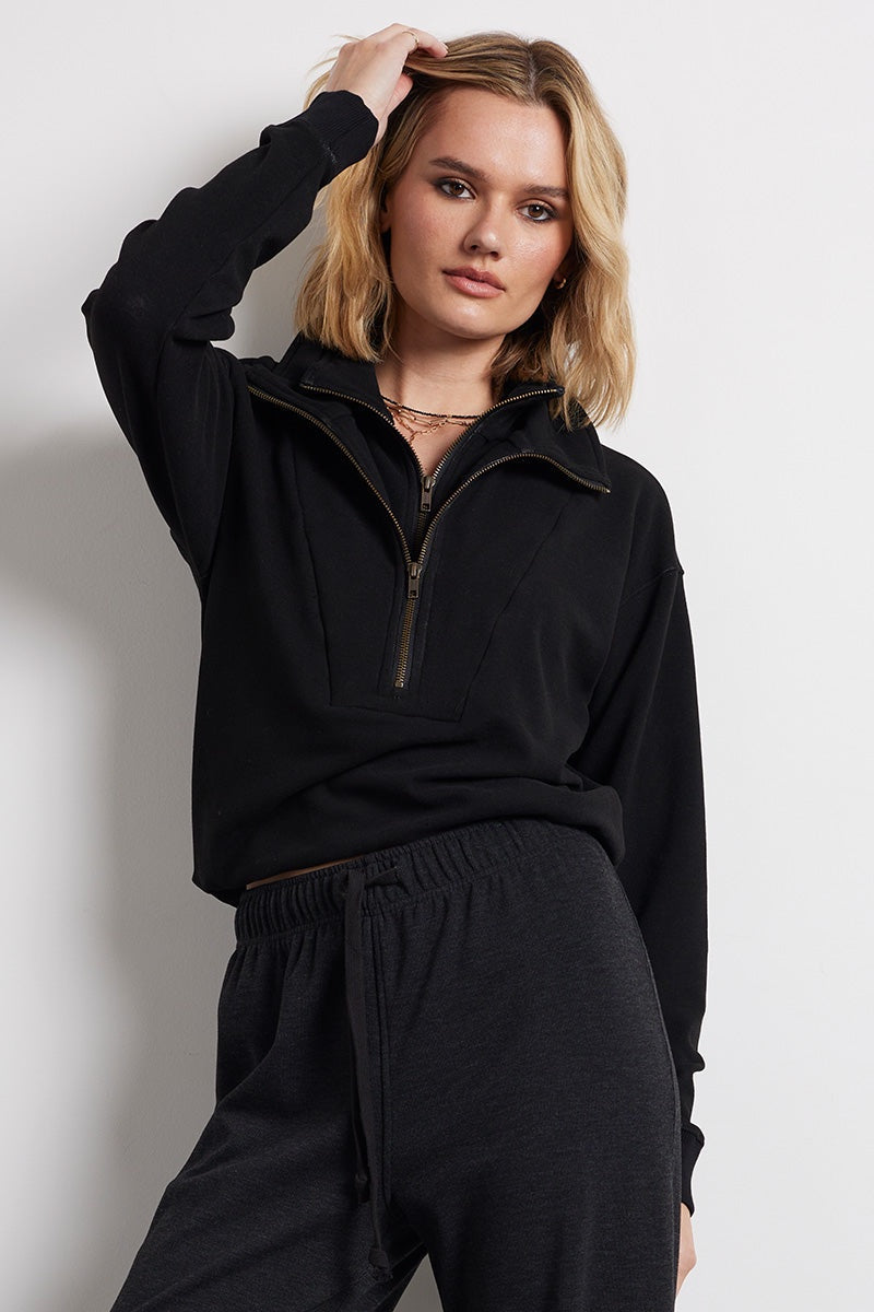 Bobi - Double Zip Funnel Neck Pullover in Heather Black