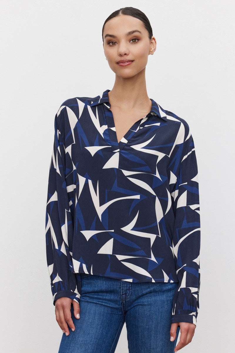 Velvet - Carah DS Printed Royal Crepe Top in Navy/Ecru