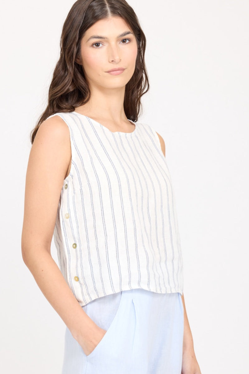 Pistache - Sleeveless Linen Top in Pinstripe