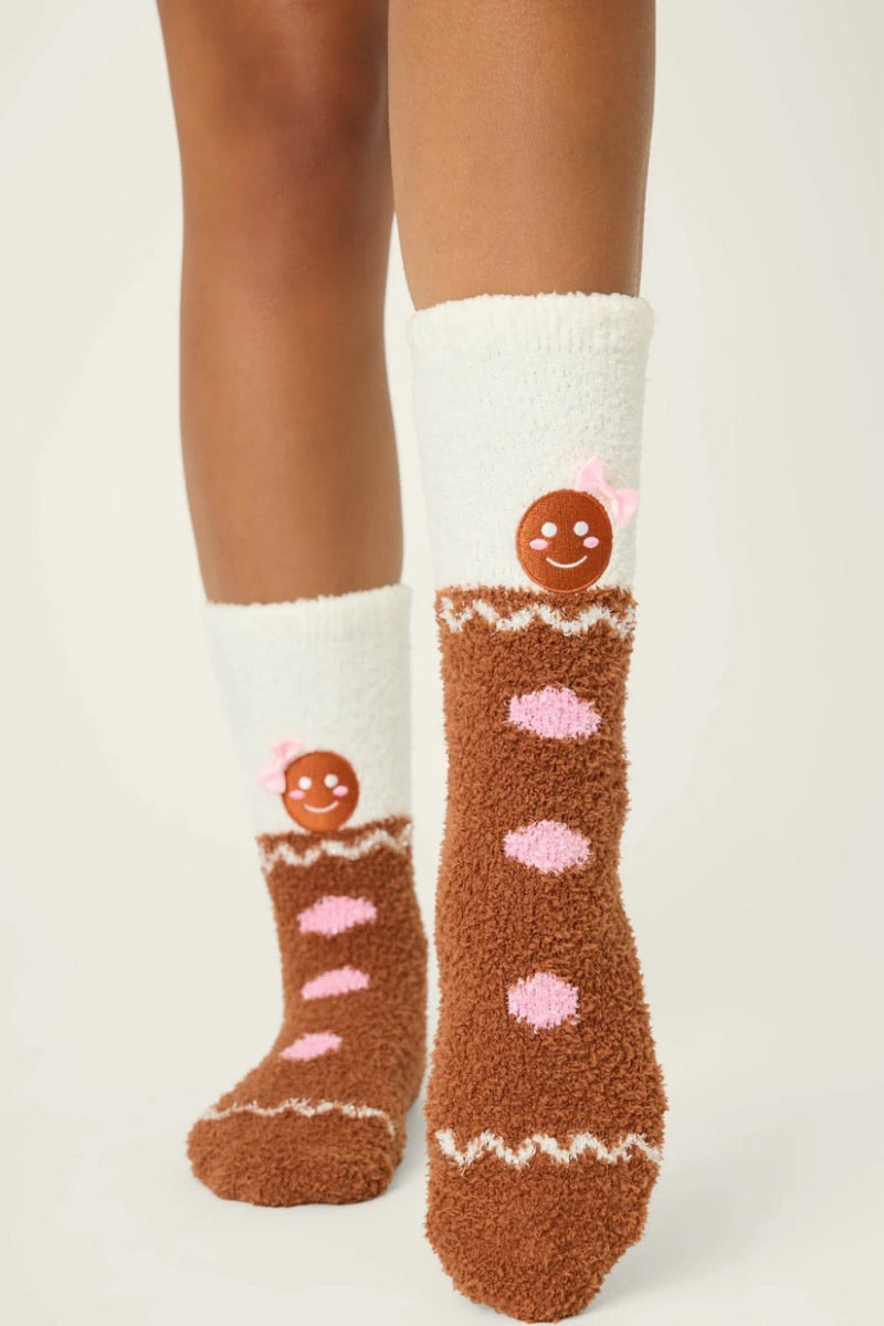 PJ Salvage - Gingerbread Gal Cozy Gripper Socks in Brown