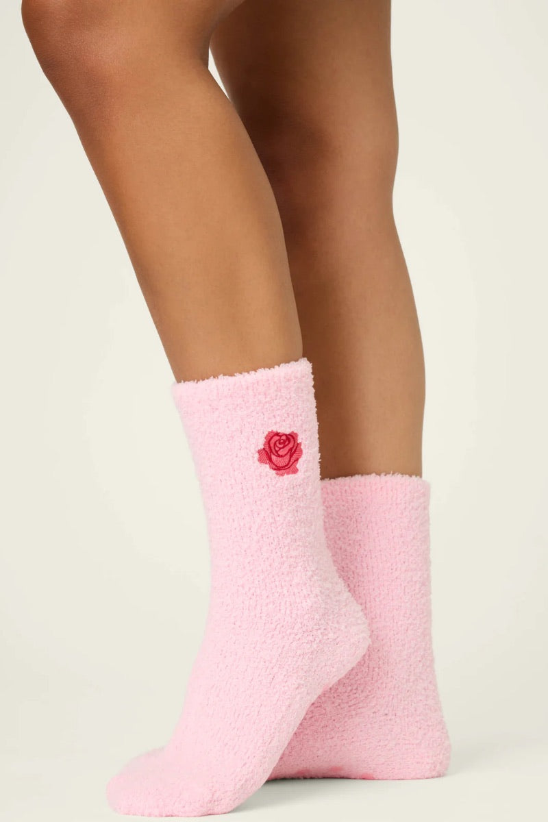 PJ Salvage - Embroidered Rose Cozy Gripper Socks in Pink