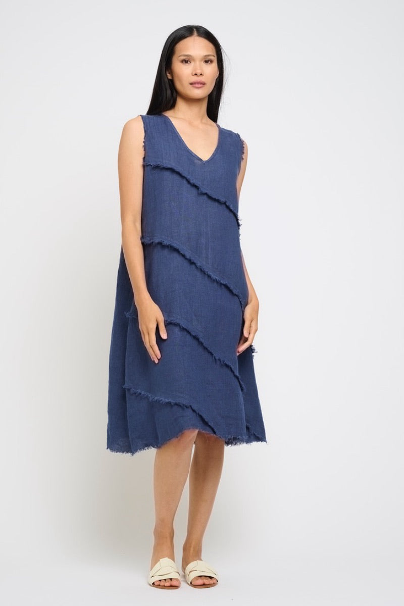 Pistache - Layered Fringe Linen Dress in Navy