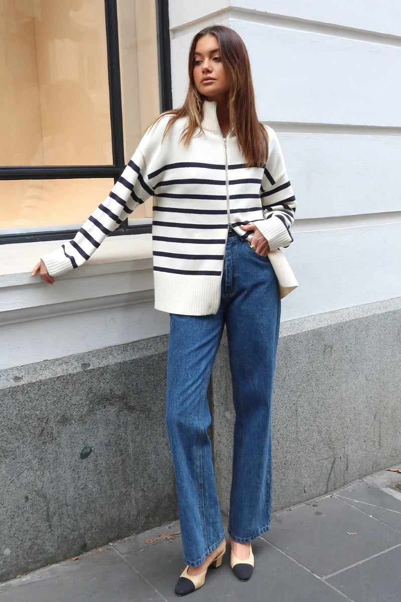 Madison - Addie Knit Jumper in White Navy Stripe