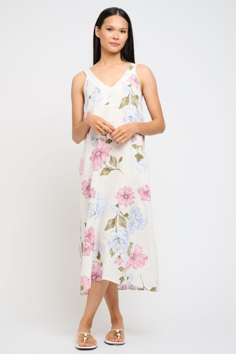 Pistache - Sleeveless Maxi Linen Dress in Sky/Pink