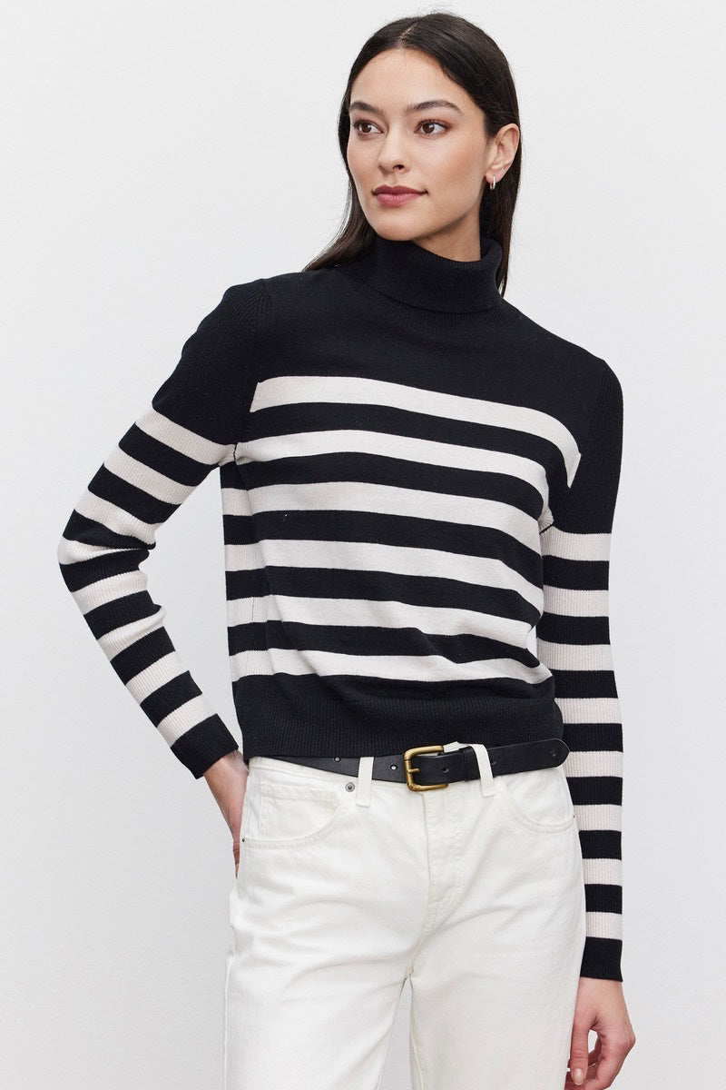 Velvet - Korie DS Lux Cotton Cashmere Mock Neck in Black/Chalk