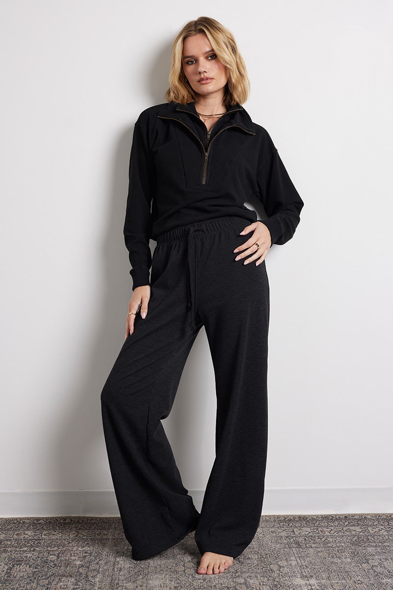 Bobi - Wide Leg Lounger Pant in Heather Black