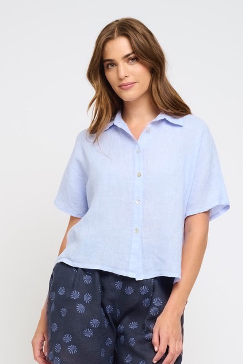 Pistache - Short Sleeve Linen Blouse in Sky Blue