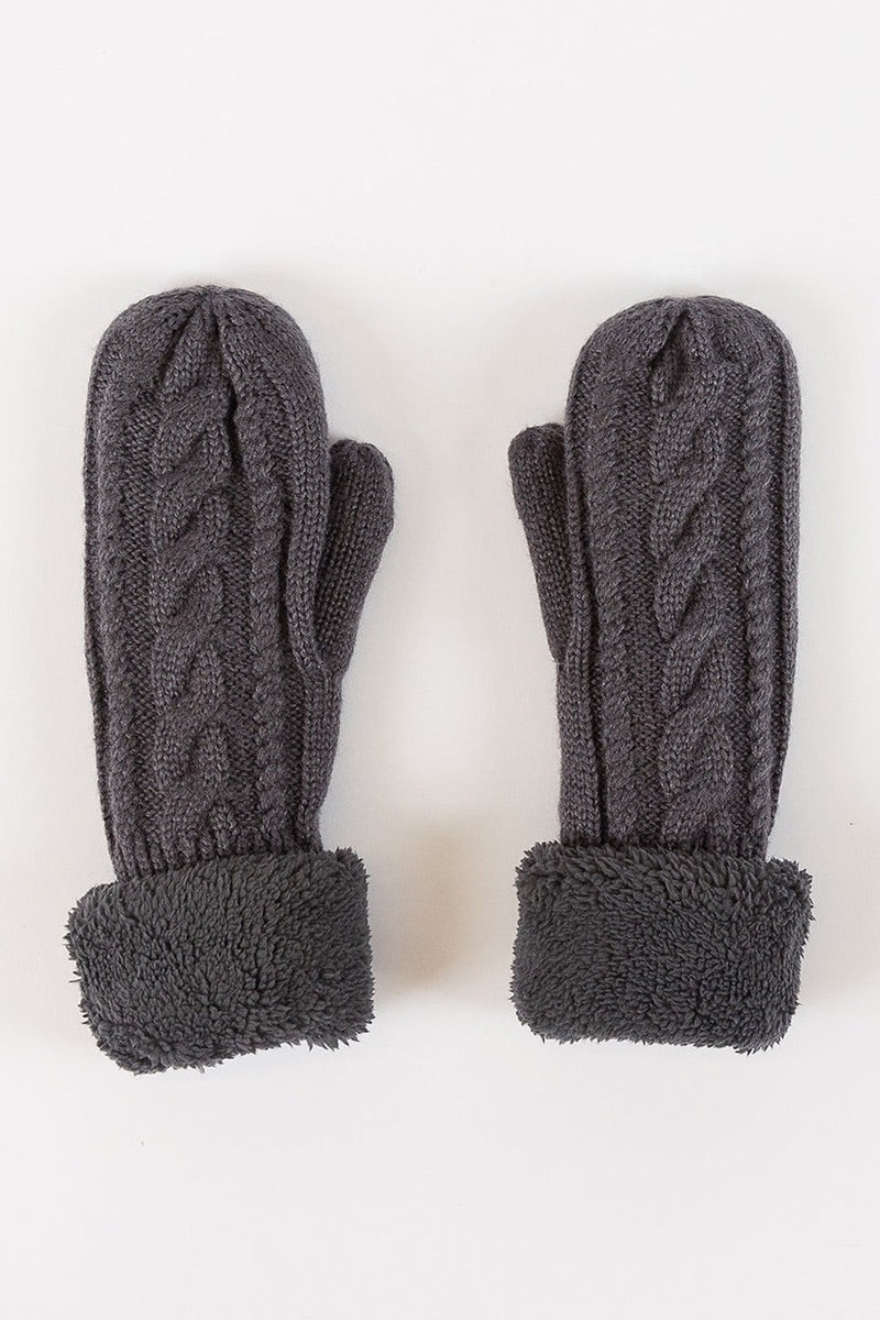 Lyla & Luxe - Sherpa Lined Cable Mittens in Dark Grey