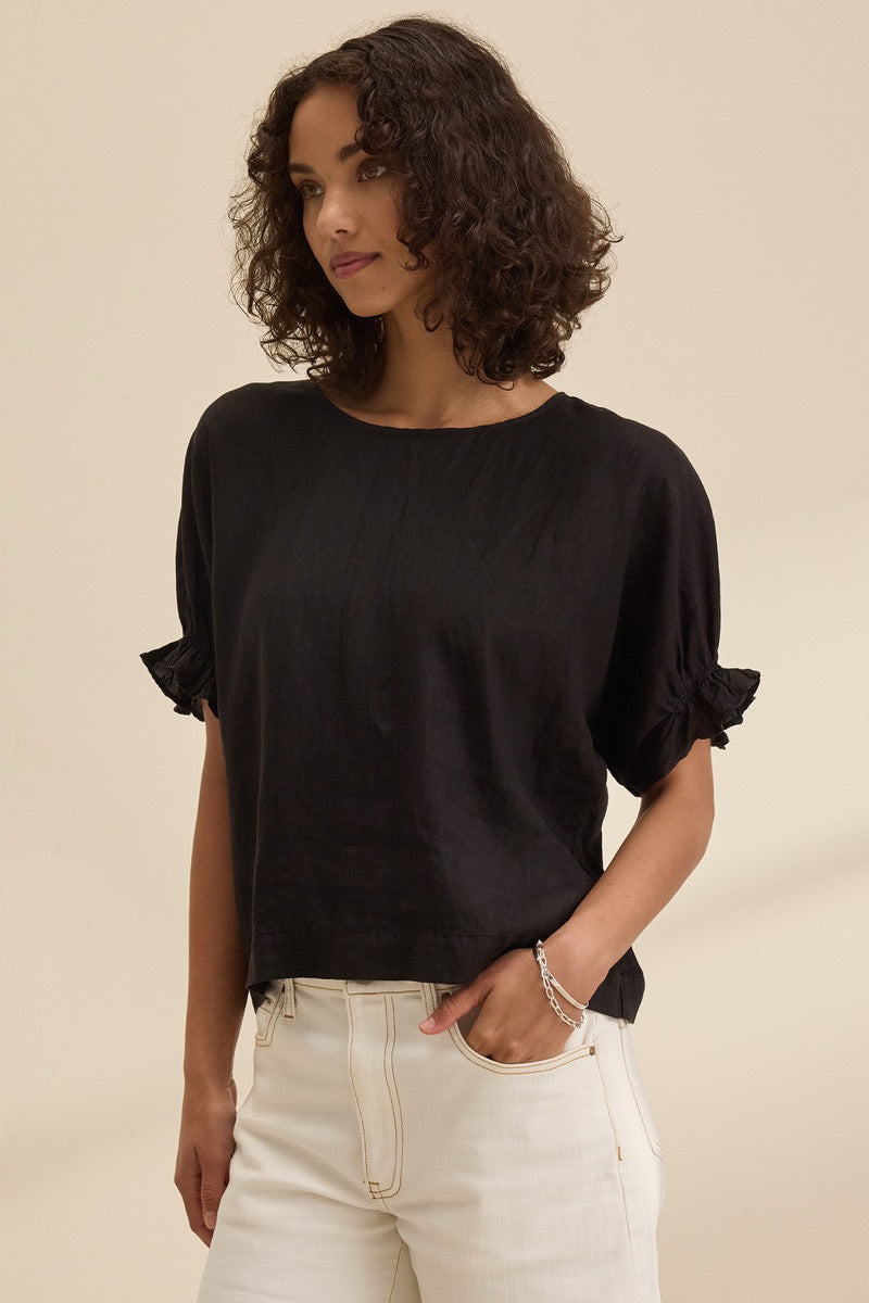 Velvet Originals- Emily Woven Linen Top in Black