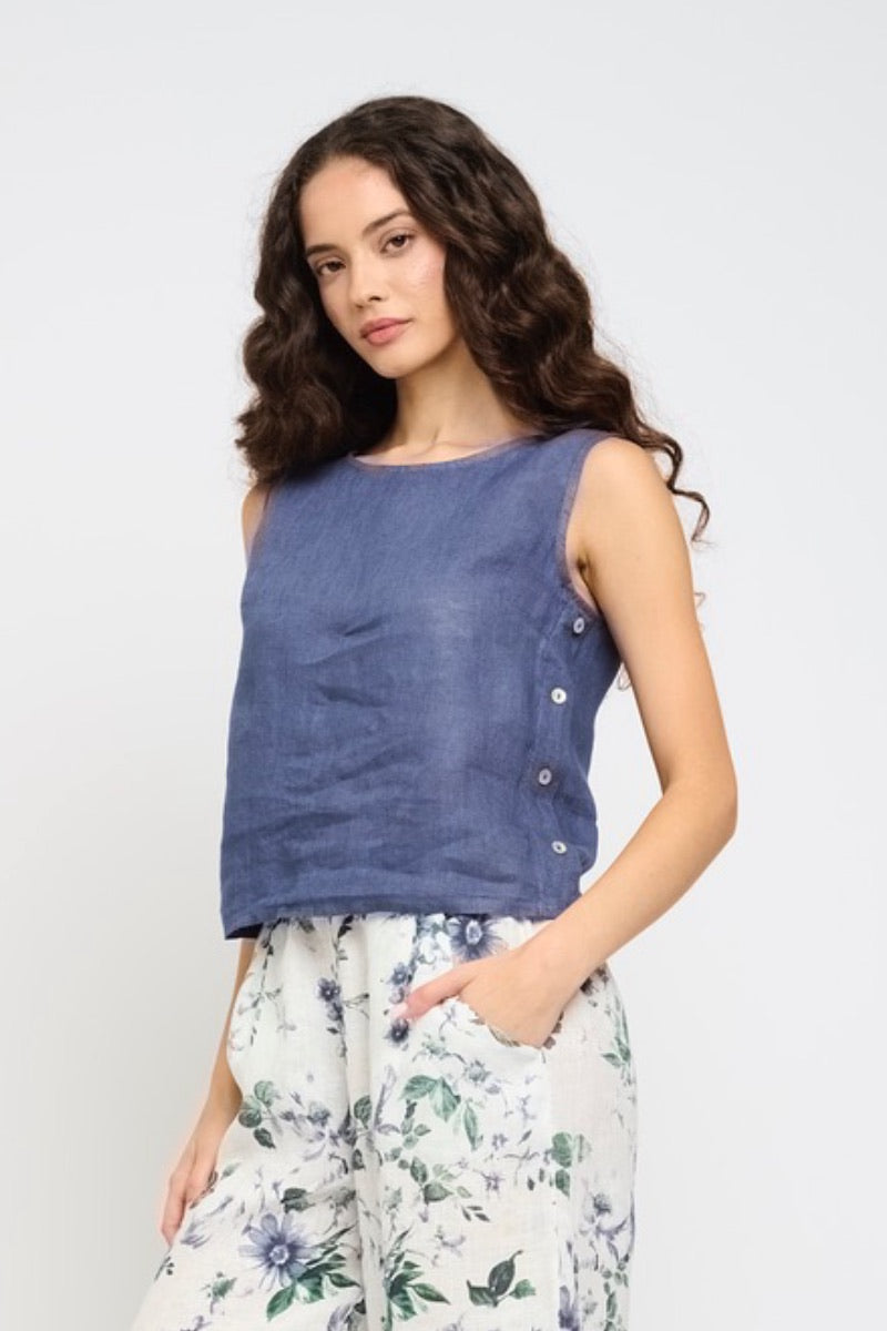 Pistache - Sleeveless Linen Top W/Button Sides in Deep Sea Blue