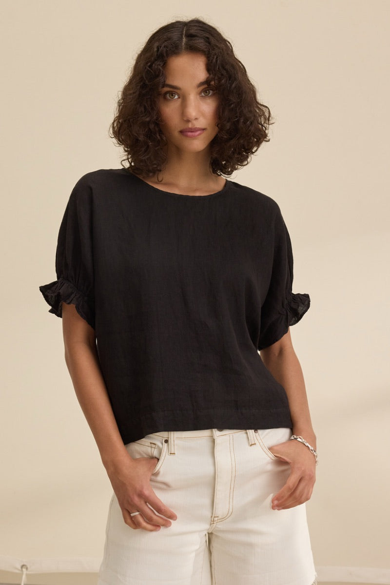 Velvet Originals- Emily Woven Linen Top in Black