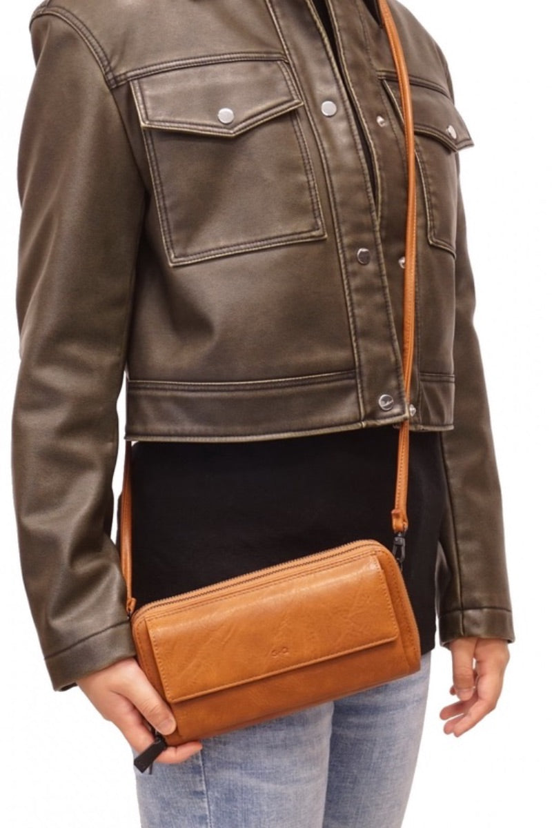 Vegan Leather - Florrie Double Zip Waller Crossover Bag in Camel