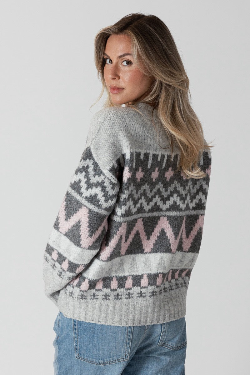 Lyla & Luxe - Landen Fair Isle Pullover in Grey/Pink