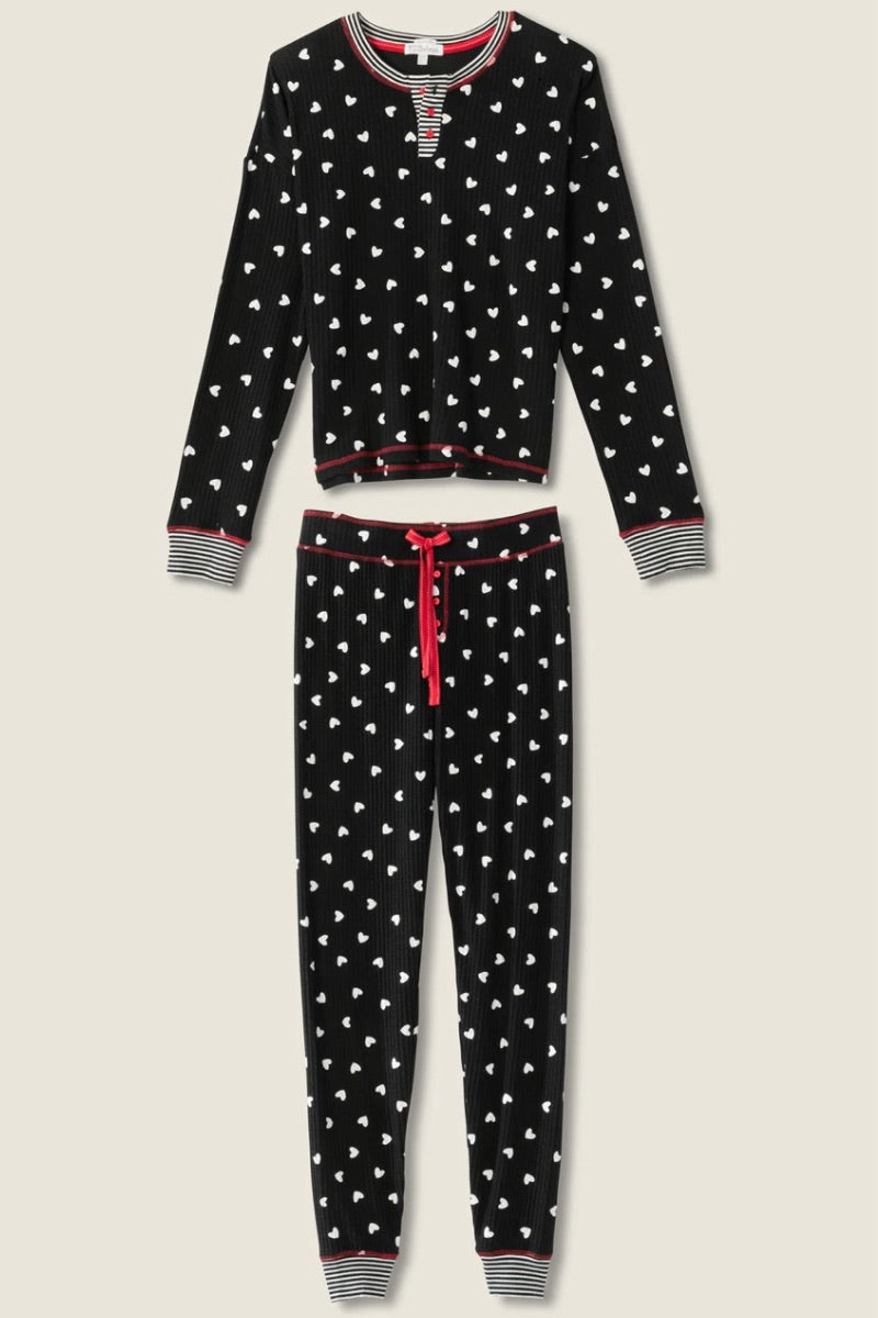 PJ Salvage -  Tiny Hearts Waffle Thermal Ski Jammie Set in Black