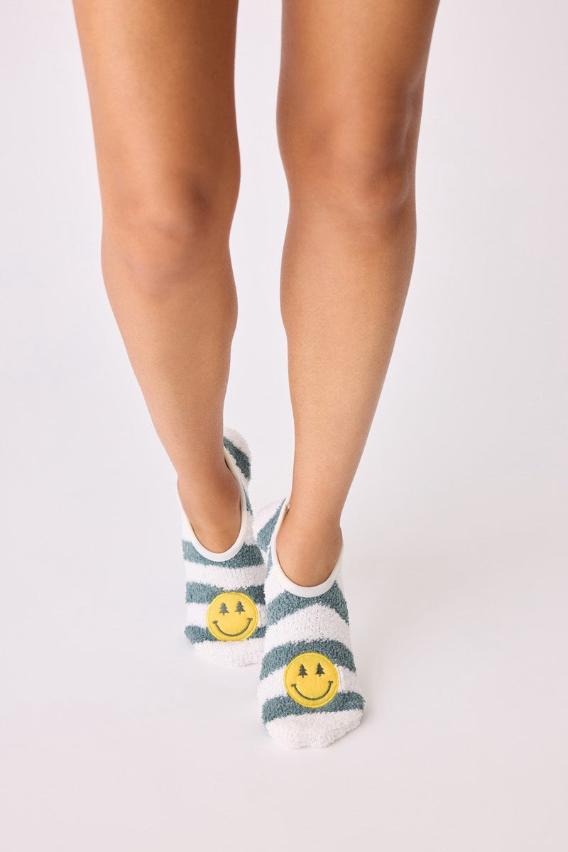 PJ Salvage - Chaussons-chaussettes confortables et amusants avec motif smiley en noir