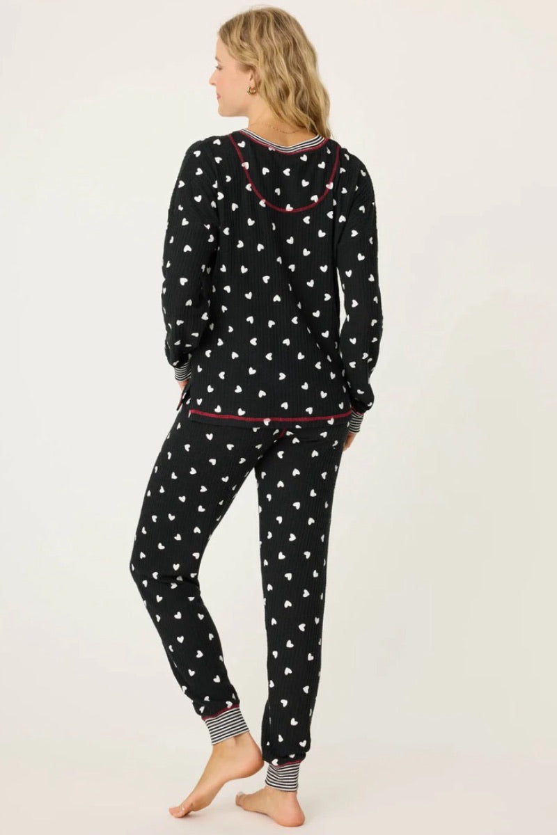 PJ Salvage - Ensemble pyjama de ski thermique gaufré Tiny Hearts en noir