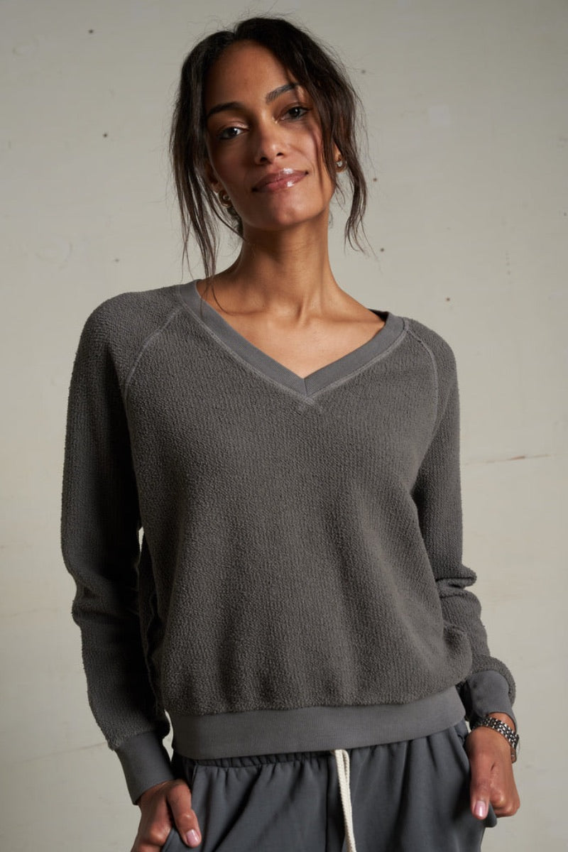 Perfect White Tee - Zuri Reverse Fleece V Neck Sweatshirt in Charcoal