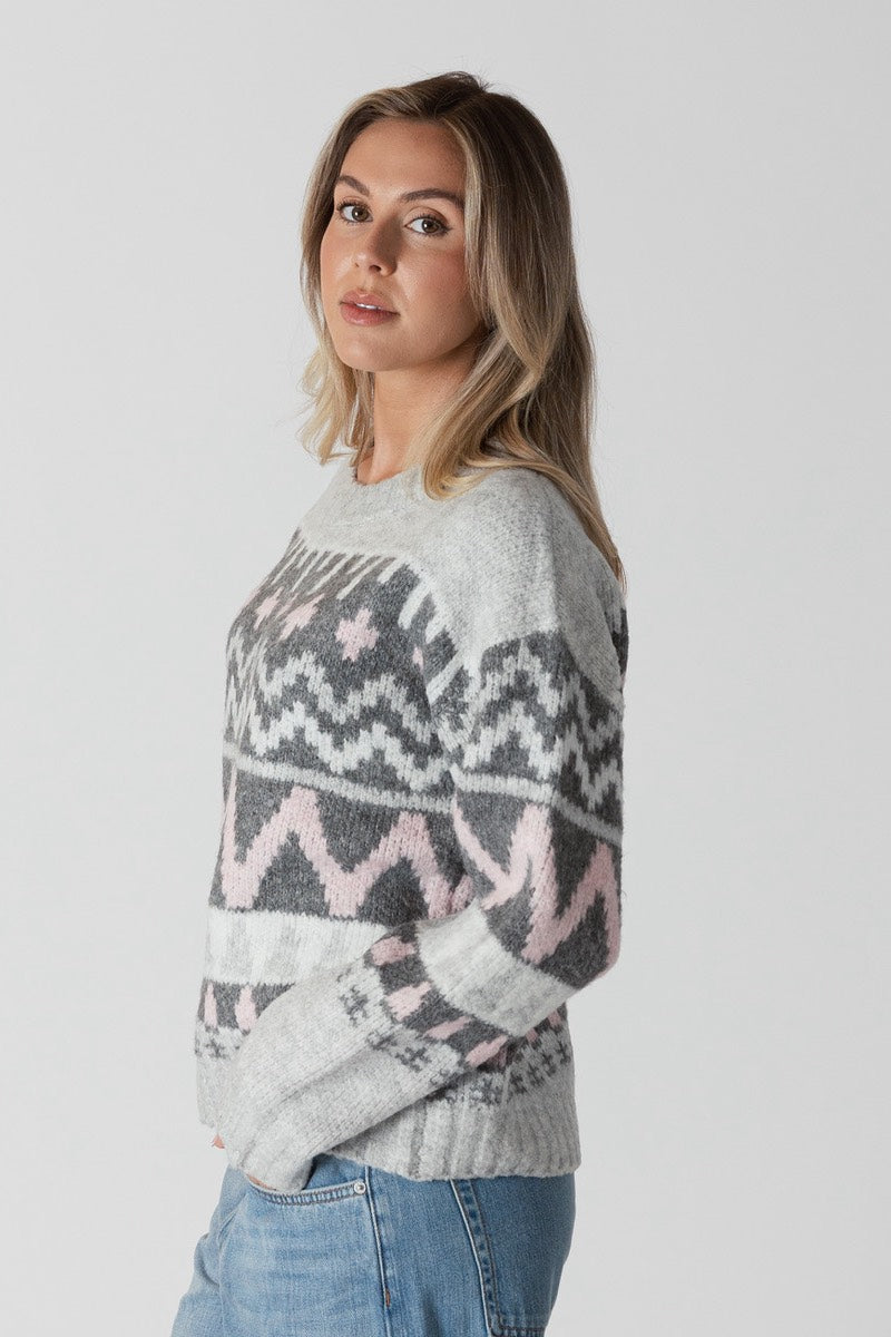 Lyla & Luxe - Landen Fair Isle Pullover in Grey/Pink