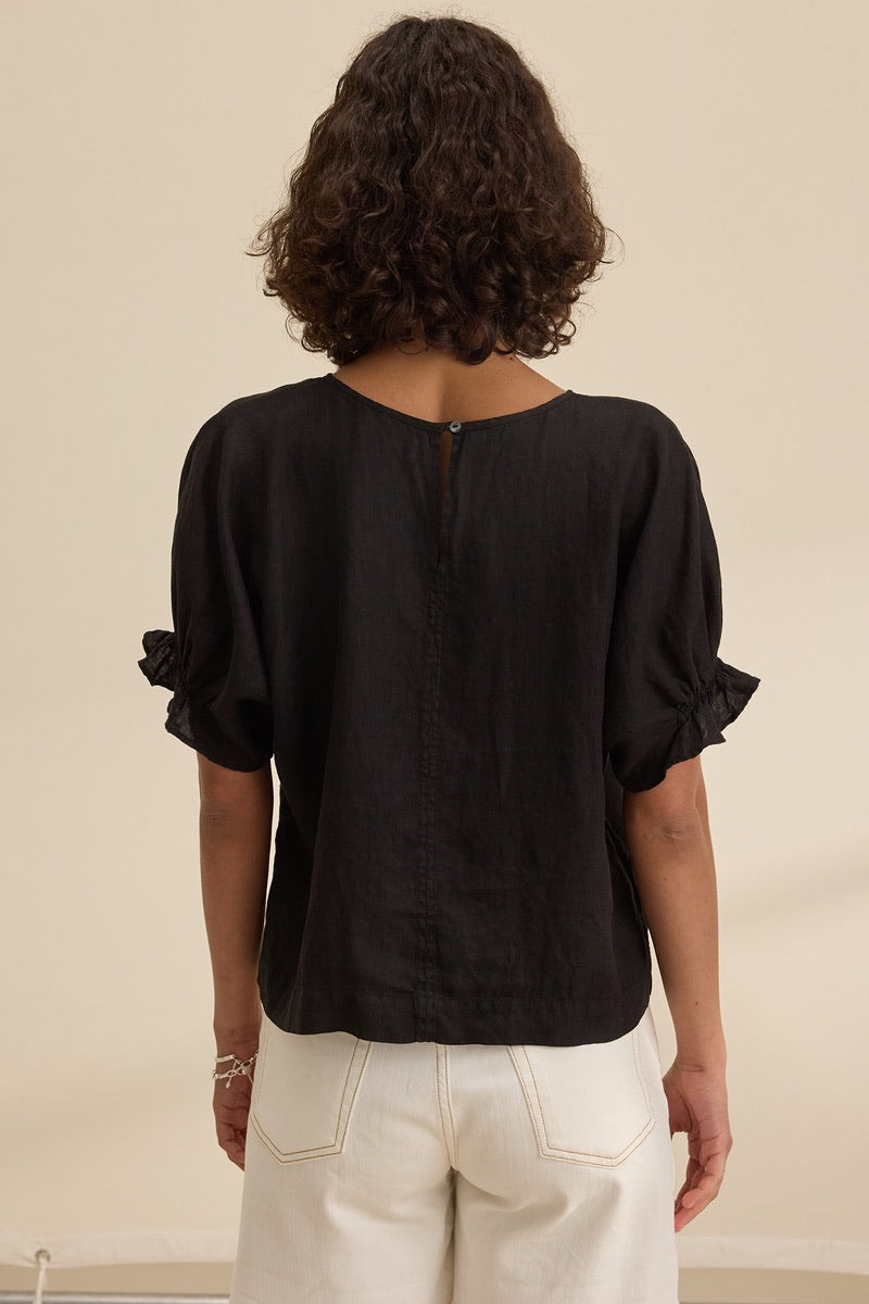 Velvet Originals- Emily Woven Linen Top in Black