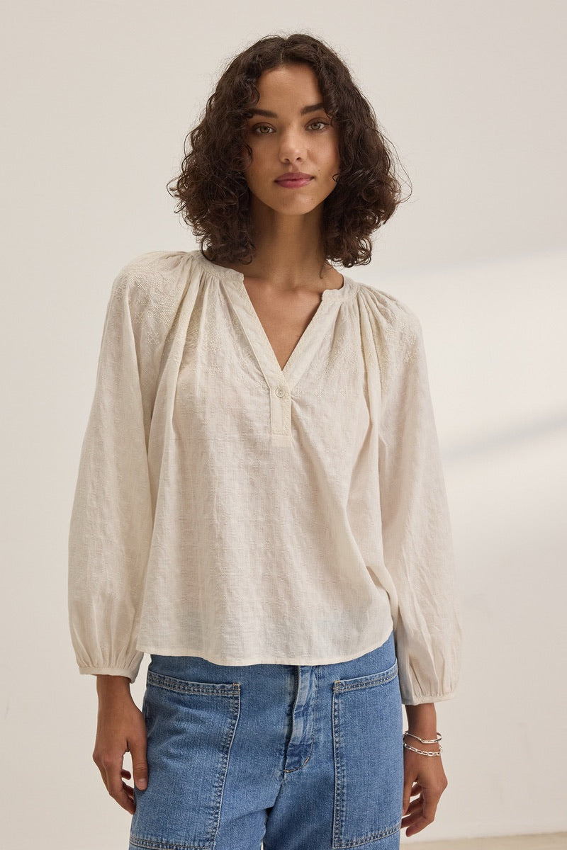 Velvet Originals - Carina DS Stitch Embroidered Top in Cream