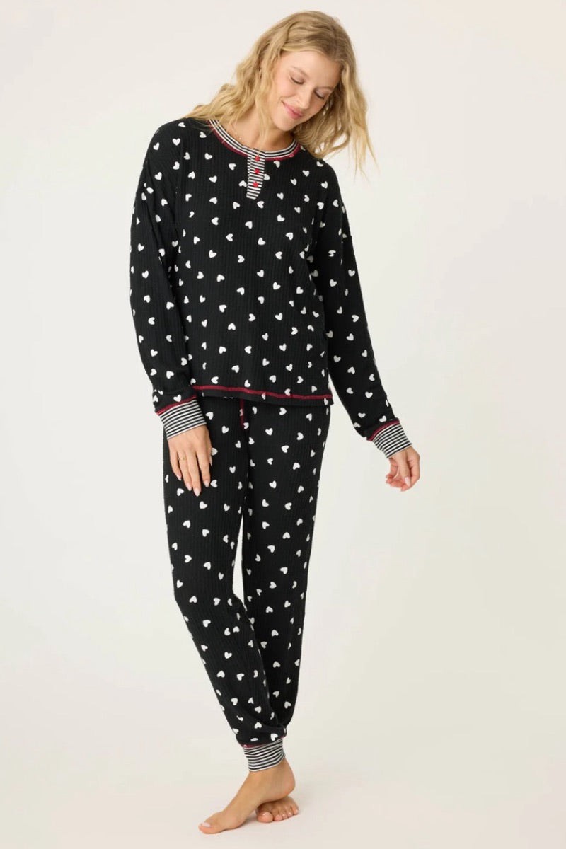 PJ Salvage - Ensemble pyjama de ski thermique gaufré Tiny Hearts en noir