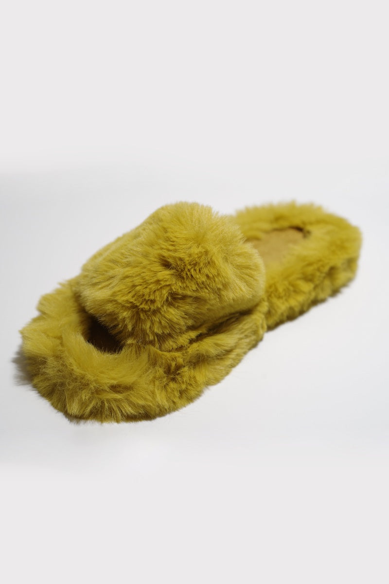 Faux Fur Slippers in Mustard Open Toe