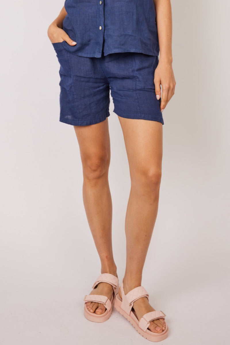 Pistache - Linen Shorts in Dark Denim