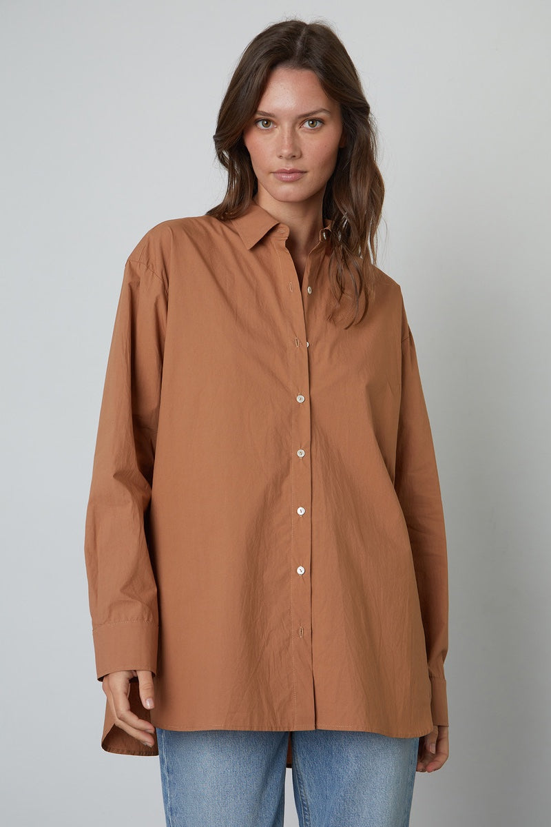 Velvet - Izabelle Cotton Shirting L/S Shirt in Camel