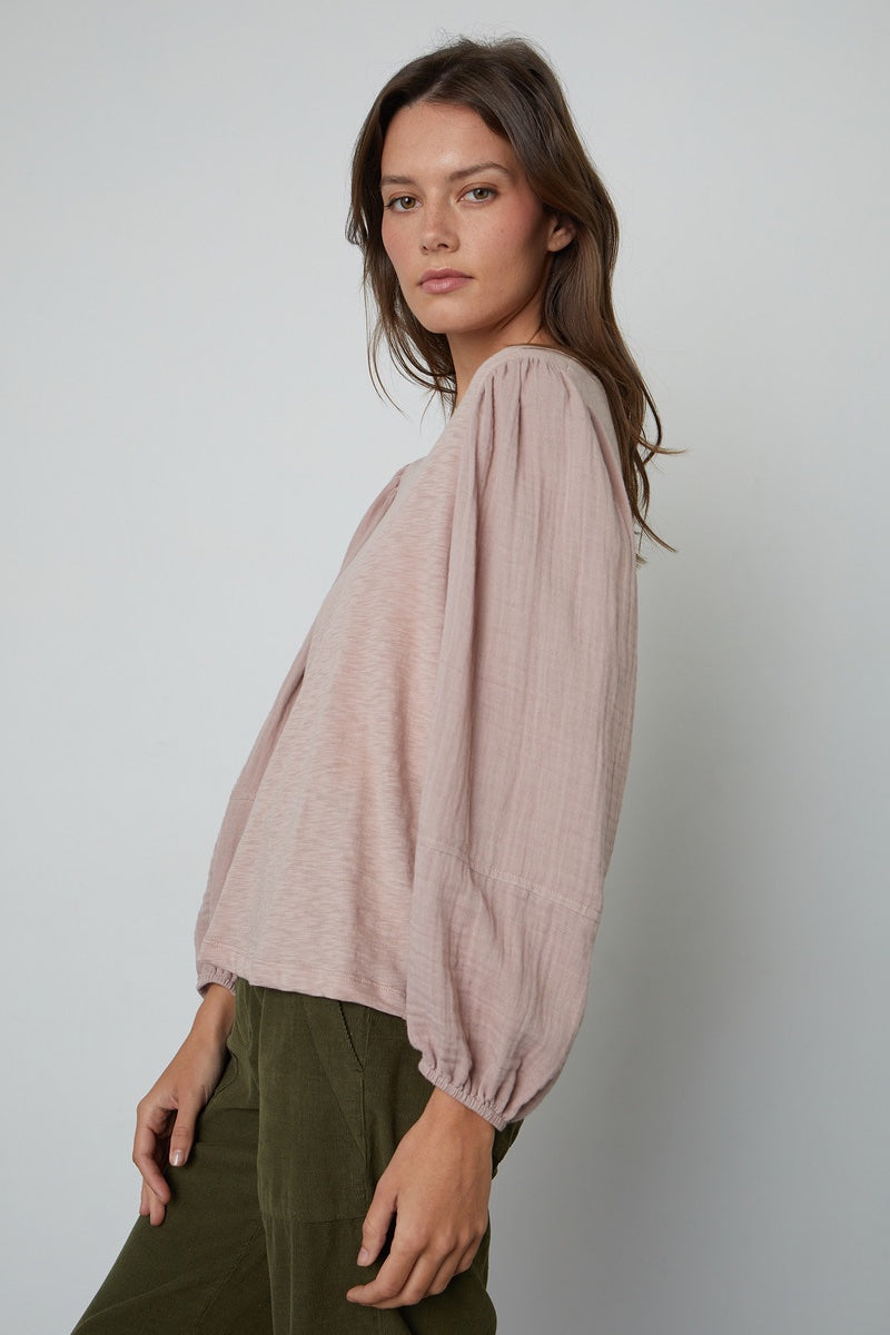 Velvet - Jayla in Cotton Slub Long Sleeve Top in Rosegold