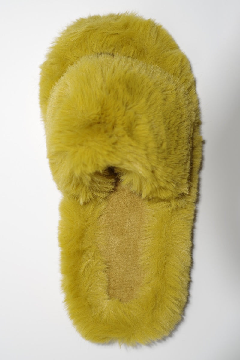 Faux Fur Slippers in Mustard Open Toe